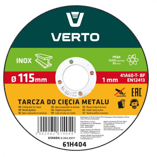 Verto vágótárcsa fémhez inox 115x22x1,0mm